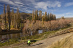 Cyclist rides towards Hyde, Otago Rail Trail Cyclist rides towards Hyde, Otago Rail Trail, New Zealand