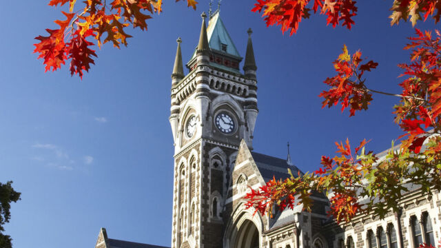 Clock Tower, Registry Building, University of Otago, Dunedin Clock Tower, Registry Building, University of Otago in Autumn, Dunedin, South Island, New Zealand