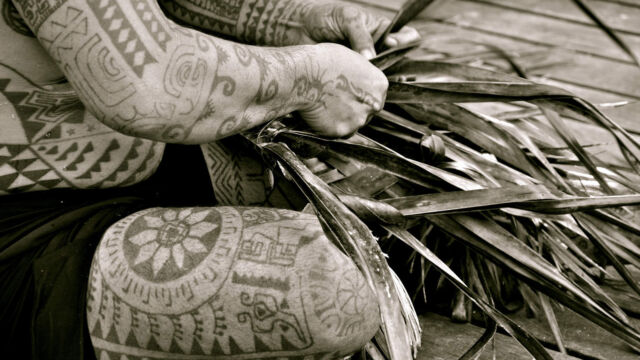 Weaving palm fronds at Le Taha'a Resort and Spa, French Polynesia