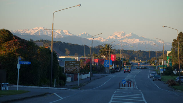 Hokitika Street with Southern Alps View