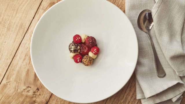 Chocolate, lime, raspberry and mint desert